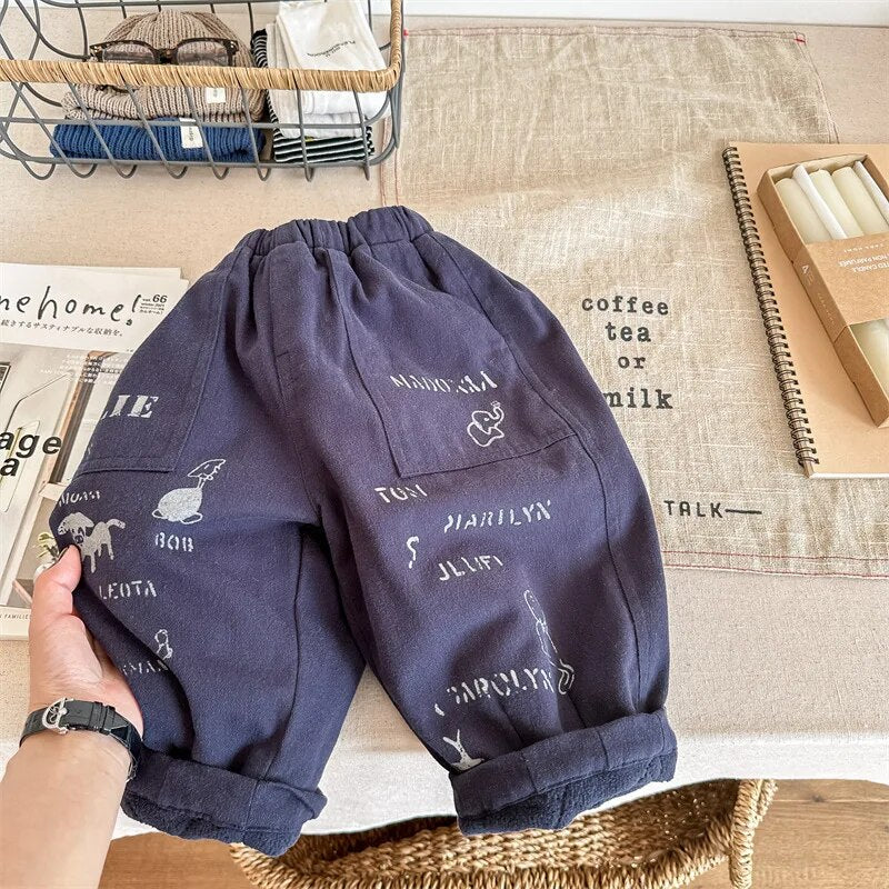 -キッズパンツ 裏フリース アニマルプリント ロングパンツ 暖パン カーキ ブルー 2カラー ボーイズ 男の子 子供服 - mamahalo shop - ロングパンツ・スウェットパンツ -  べビー服 - 子供服 - 男の子 - 女の子