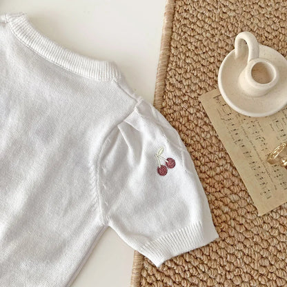 -ベビーキッズトップス サマーニット 半袖サマーセーター チェリー さくらんぼ 刺繍 2カラー - mamahalo shop - ニット・セーター -  べビー服 - 子供服 - 男の子 - 女の子