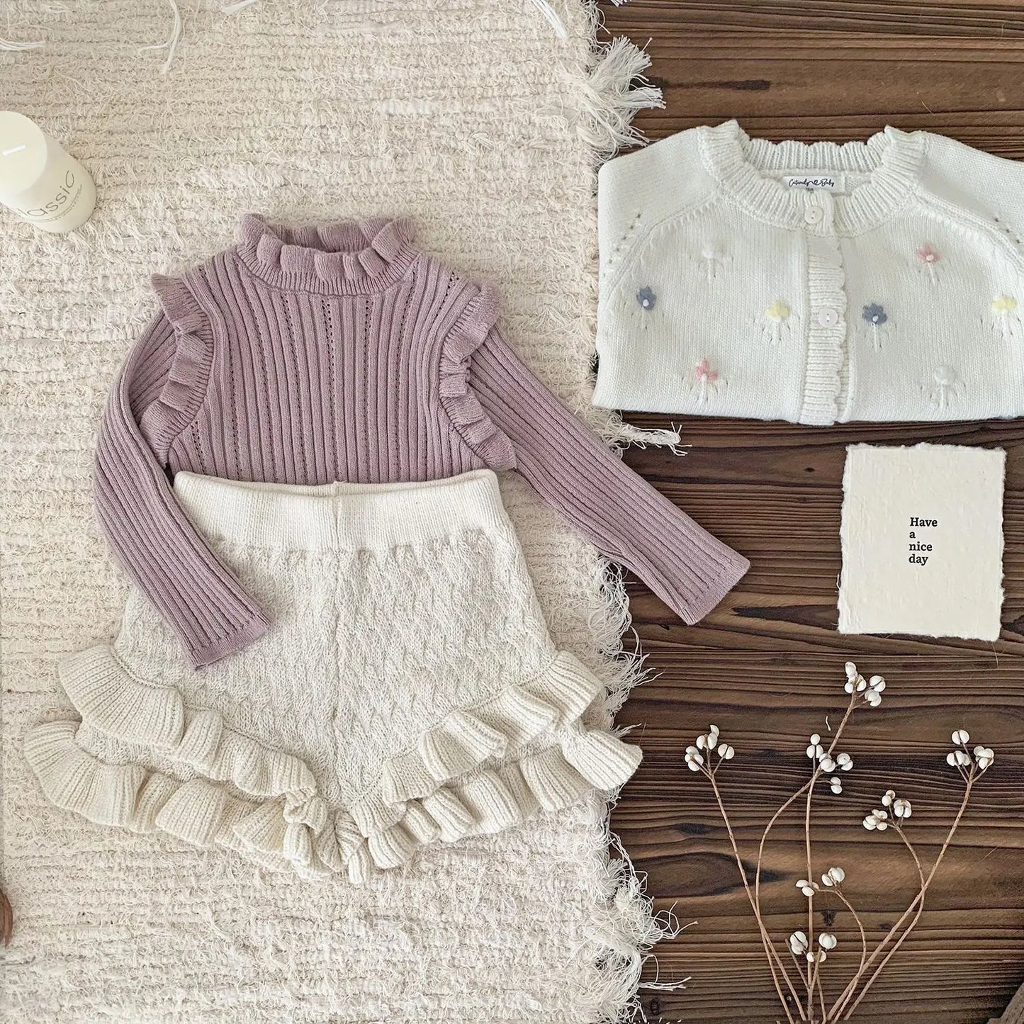 -ベビーキッズトップス フリルショルダースタンドカラーニットカットソーTシャツ 3カラー - mamahalo shop - ニット・セーター -  べビー服 - 子供服 - 男の子 - 女の子