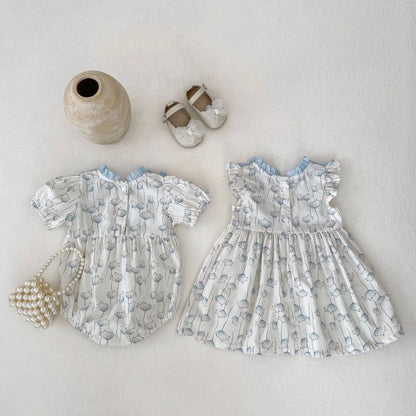 -ベビーロンパース/キッズワンピース フリル 半袖 たんぽぽプリント リンクコーデ 姉妹 お揃いコーデ - mamahalo shop - 半袖ロンパース -  べビー服 - 子供服 - 男の子 - 女の子