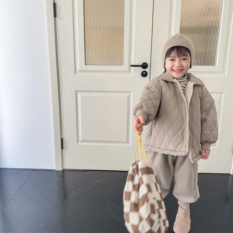 -キッズアウター 裏ボアフリース キルティングコート 厚手ジャケット グレー ベージュ 2カラー - mamahalo shop - ショートコート・ジャケット・ジャンパー -  べビー服 - 子供服 - 男の子 - 女の子