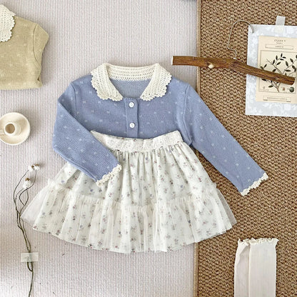 -ベビーキッズカーディガン ニット レース襟トップス ブルー/イエロー/2カラー - mamahalo shop - カーディガン・パーカー -  べビー服 - 子供服 - 男の子 - 女の子