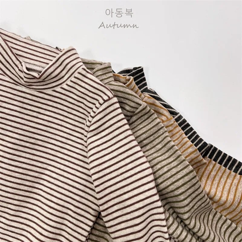 -キッズ ハイネックTシャツ ボーダー シンプルベーシック インナー 4カラー ユニセックス 男の子 女の子 子供服 - mamahalo shop - 長袖Tシャツ -  べビー服 - 子供服 - 男の子 - 女の子