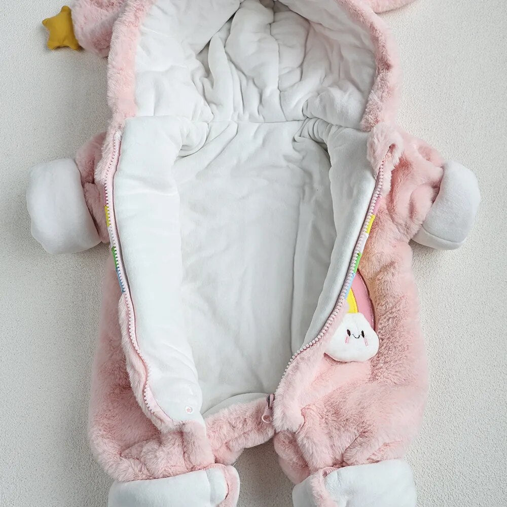 -ベビーアウタージャンプスーツ うさぎ バニー 耳付きフーディロンパース フリース ピンク ホワイト 2カラー ユニセックス 男の子 女の子 子供服 - mamahalo shop - アウタージャンプスーツ -  べビー服 - 子供服 - 男の子 - 女の子
