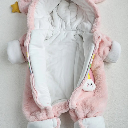 -ベビーアウタージャンプスーツ うさぎ バニー 耳付きフーディロンパース フリース ピンク ホワイト 2カラー ユニセックス 男の子 女の子 子供服 - mamahalo shop - アウタージャンプスーツ -  べビー服 - 子供服 - 男の子 - 女の子
