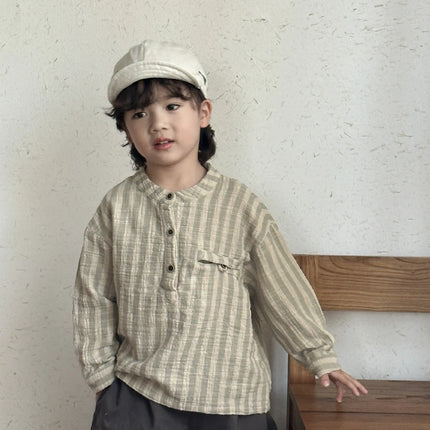 キッズトップス ストライプノーカラー長袖シャツ - mamahalo shop - 長袖シャツ・ブラウス -  べビー服 - 子供服 - 男の子 - 女の子