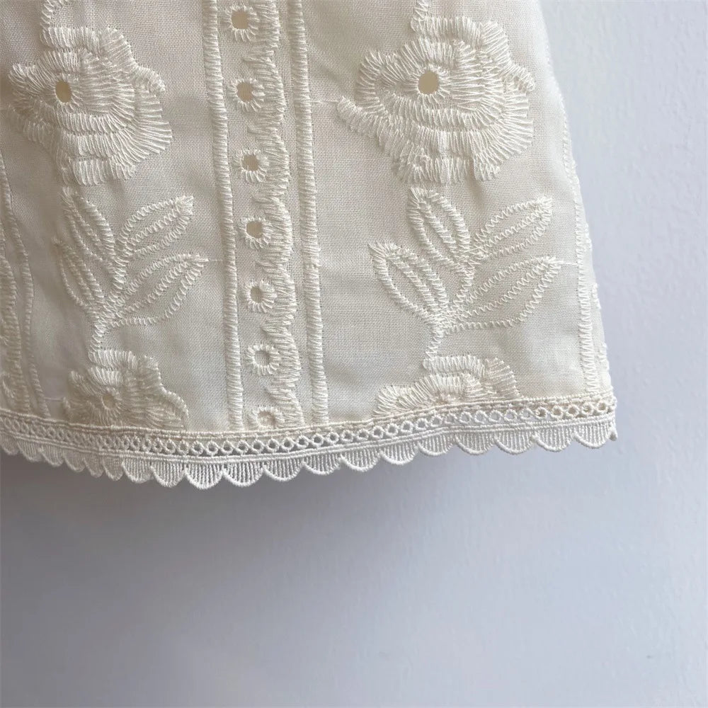 -キッズセットアップ 2点セット ノースリーブブラウス+ショートパンツ レース刺繍フリル - mamahalo shop - ノースリーブセットアップ -  べビー服 - 子供服 - 男の子 - 女の子