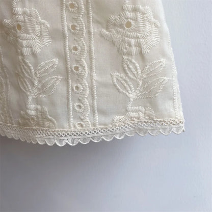 -キッズセットアップ 2点セット ノースリーブブラウス+ショートパンツ レース刺繍フリル - mamahalo shop - ノースリーブセットアップ -  べビー服 - 子供服 - 男の子 - 女の子