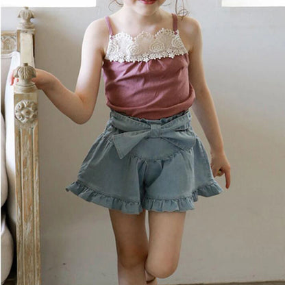 -キッズパンツ デニム フリルリボン ショートパンツ 2カラー【mh0006242】 - mamahalo shop - ハーフパンツ・ショートパンツ -  べビー服 - 子供服 - 男の子 - 女の子