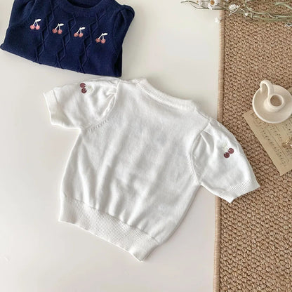 -ベビーキッズトップス サマーニット 半袖サマーセーター チェリー さくらんぼ 刺繍 2カラー - mamahalo shop - ニット・セーター -  べビー服 - 子供服 - 男の子 - 女の子