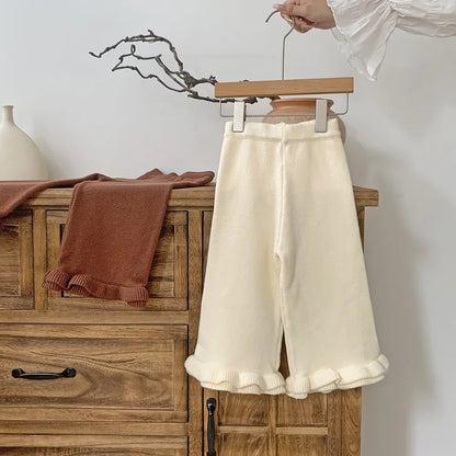 -キッズ ニットパンツ フリルワイドパンツ ルーズパンツ コーヒー ベージュ 2カラー ガールズ 女の子 子供服 - mamahalo shop - ロングパンツ・スウェットパンツ -  べビー服 - 子供服 - 男の子 - 女の子