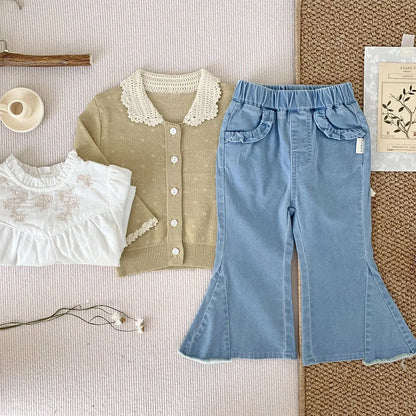 -ベビーキッズカーディガン レース襟 薄手ニットセーター 水玉ドット 2カラー - mamahalo shop - カーディガン・パーカー -  べビー服 - 子供服 - 男の子 - 女の子