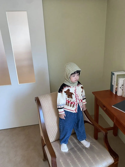 -ベビーカーディガン くまベア刺繍 ニットジャケット ブラック ベージュ ユニセックス 男の子 女の子 子供服 - mamahalo shop - カーディガン・パーカー -  べビー服 - 子供服 - 男の子 - 女の子