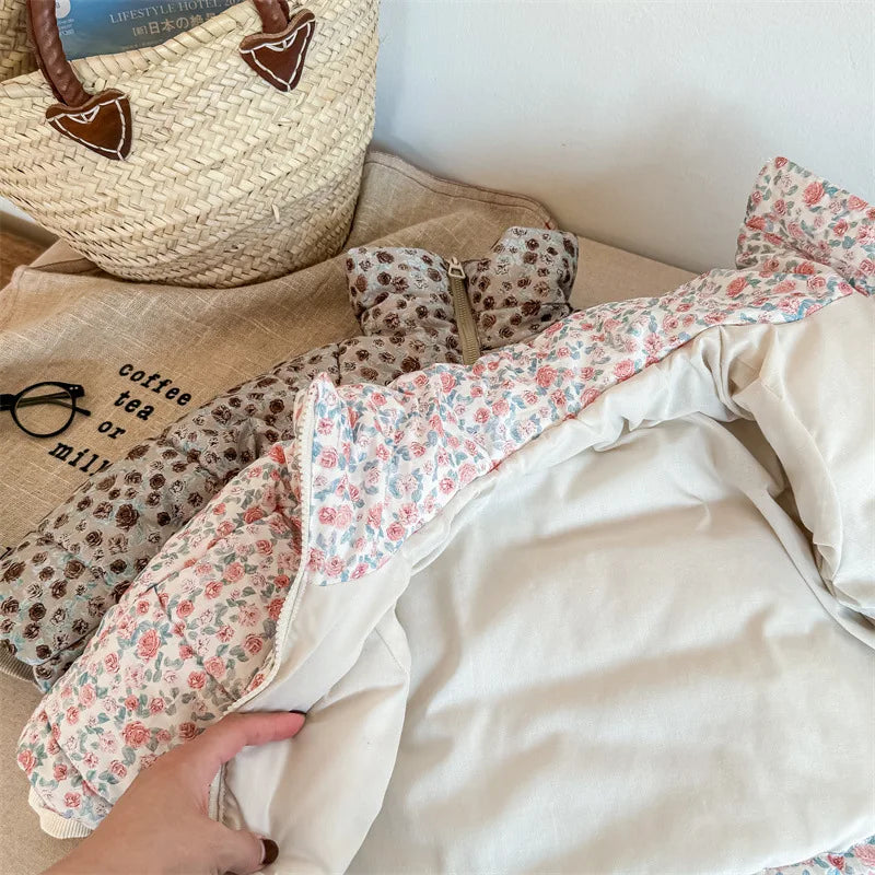 -キッズアウター 中綿キルティングジャケット フラワー 花柄プリントコート 2カラー ガールズ 女の子 子供服 - mamahalo shop - ショートコート・ジャケット・ジャンパー -  べビー服 - 子供服 - 男の子 - 女の子