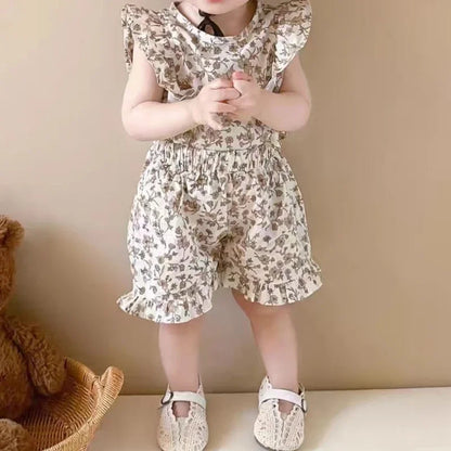 -キッズセットアップ 2点セット フリルスリーブブラウス+ショートパンツ フラワー花柄プリント 2カラー【mh0006083】 - mamahalo shop - ノースリーブセットアップ -  べビー服 - 子供服 - 男の子 - 女の子