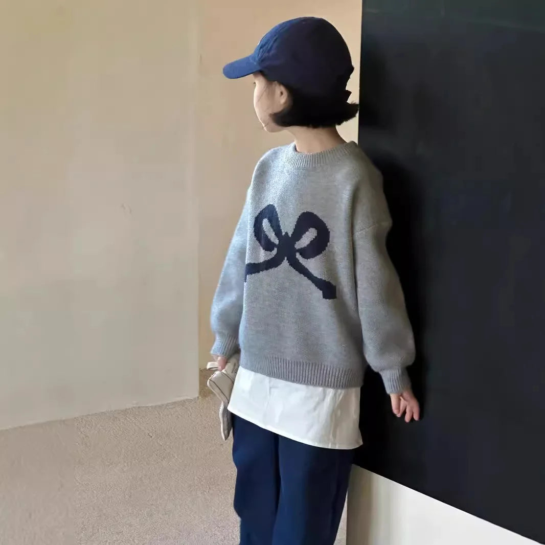 -キッズトップス ビッグリボン長袖ニットセーター グレー - mamahalo shop - ニット・セーター -  べビー服 - 子供服 - 男の子 - 女の子