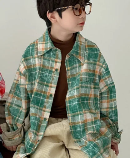 -キッズトップス チェック長袖ルーズシャツ 2カラー - mamahalo shop - 長袖シャツ・ブラウス -  べビー服 - 子供服 - 男の子 - 女の子