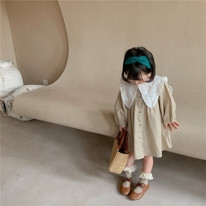 -キッズ ビッグ襟 チェック 無地 ワンピース 2スタイル【mh0002900】 - mamahalo shop - 長袖ワンピース -  べビー服 - 子供服 - 男の子 - 女の子