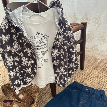 キッズトップス ケーキスタンドプリント裾レース長袖Tシャツ ホワイト - mamahalo shop - 長袖Tシャツ -  べビー服 - 子供服 - 男の子 - 女の子