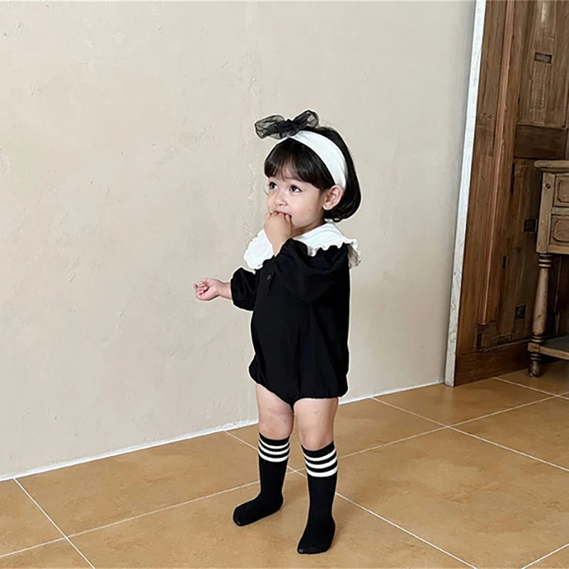 -ベビーロンパース フリルビッグ襟 長袖ボディスーツ ブラック/チェック【mh0004224】 - mamahalo shop - 長袖ロンパース -  べビー服 - 子供服 - 男の子 - 女の子