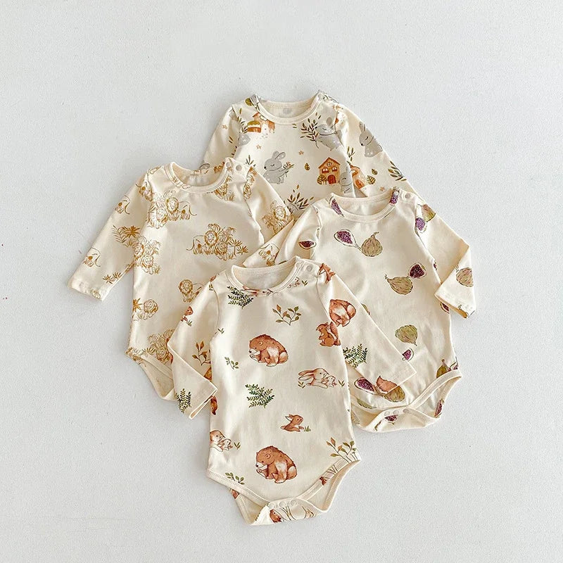 -ベビーロンパース/パンツ/ボンネット フォレストアニマルプリント長袖ボディスーツ/ロングパンツ/帽子 4デザイン【mh0006931】 - mamahalo shop - ロンパースセットアップ -  べビー服 - 子供服 - 男の子 - 女の子