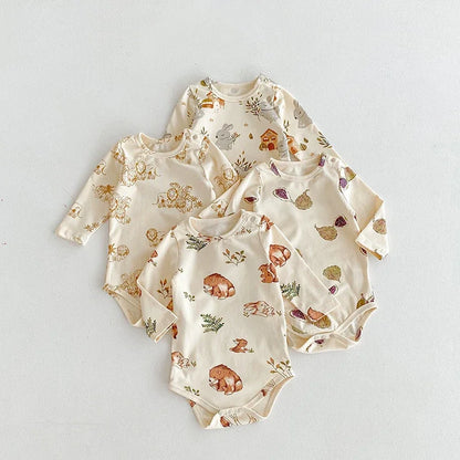 -ベビーロンパース/パンツ/ボンネット フォレストアニマルプリント長袖ボディスーツ/ロングパンツ/帽子 4デザイン【mh0006931】 - mamahalo shop - ロンパースセットアップ -  べビー服 - 子供服 - 男の子 - 女の子