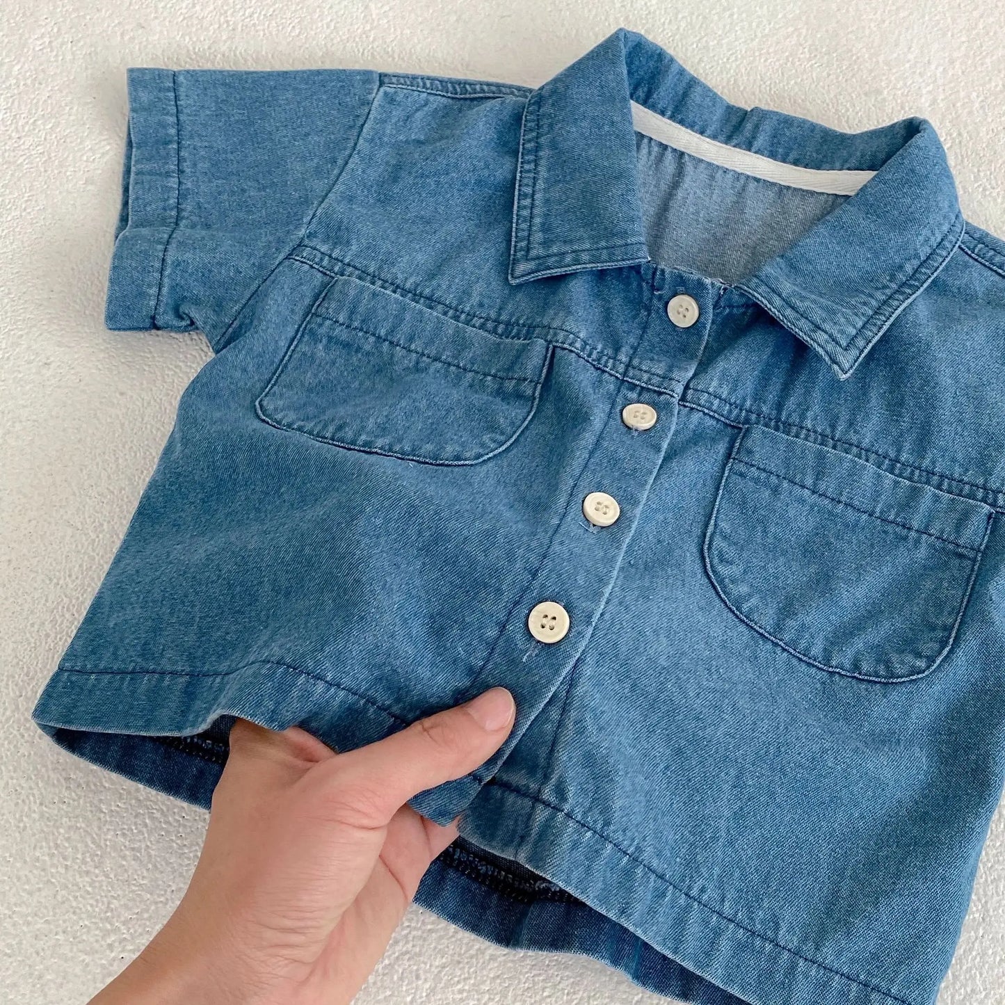 -キッズセットアップ 2点セット デニム 半袖シャツ+ショートパンツ【mh0006177】 - mamahalo shop - 半袖セットアップ -  べビー服 - 子供服 - 男の子 - 女の子