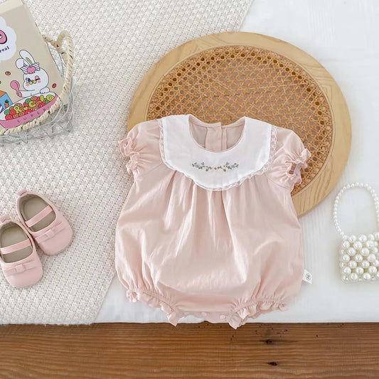 -ベビーロンパース 半袖ボディスーツ フラワー刺繍 ピンク【mh0006272】 - mamahalo shop - 半袖ロンパース -  べビー服 - 子供服 - 男の子 - 女の子