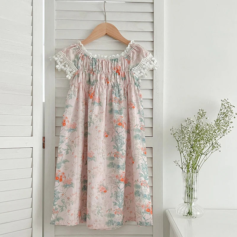 -キッズワンピース 半袖レースフリルスリーブ サマードレス フラワー花柄プリント【mh0005828】 - mamahalo shop - 半袖ワンピース -  べビー服 - 子供服 - 男の子 - 女の子