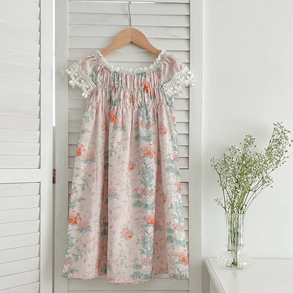 -キッズワンピース 半袖レースフリルスリーブ サマードレス フラワー花柄プリント【mh0005828】 - mamahalo shop - 半袖ワンピース -  べビー服 - 子供服 - 男の子 - 女の子