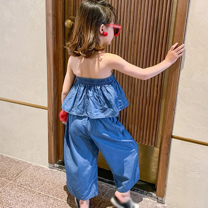 -キッズセットアップ 2点セット デニム オフショルダートップス+ルーズクロップドパンツ【mh0005758】 - mamahalo shop - ノースリーブセットアップ -  べビー服 - 子供服 - 男の子 - 女の子