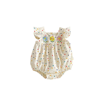 -ベビーロンパース ショルダーフリルボディスーツ カラフル 水玉ドットプリント フラワー花柄刺繍 - mamahalo shop - 半袖ロンパース -  べビー服 - 子供服 - 男の子 - 女の子