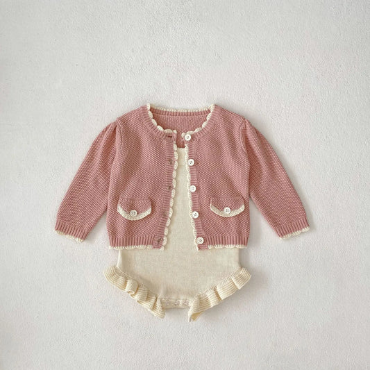 -ベビーカーディガン/ロンパース ニットジャケット/サスペンダーボディスーツ フリル - mamahalo shop - カーディガン・パーカー -  べビー服 - 子供服 - 男の子 - 女の子