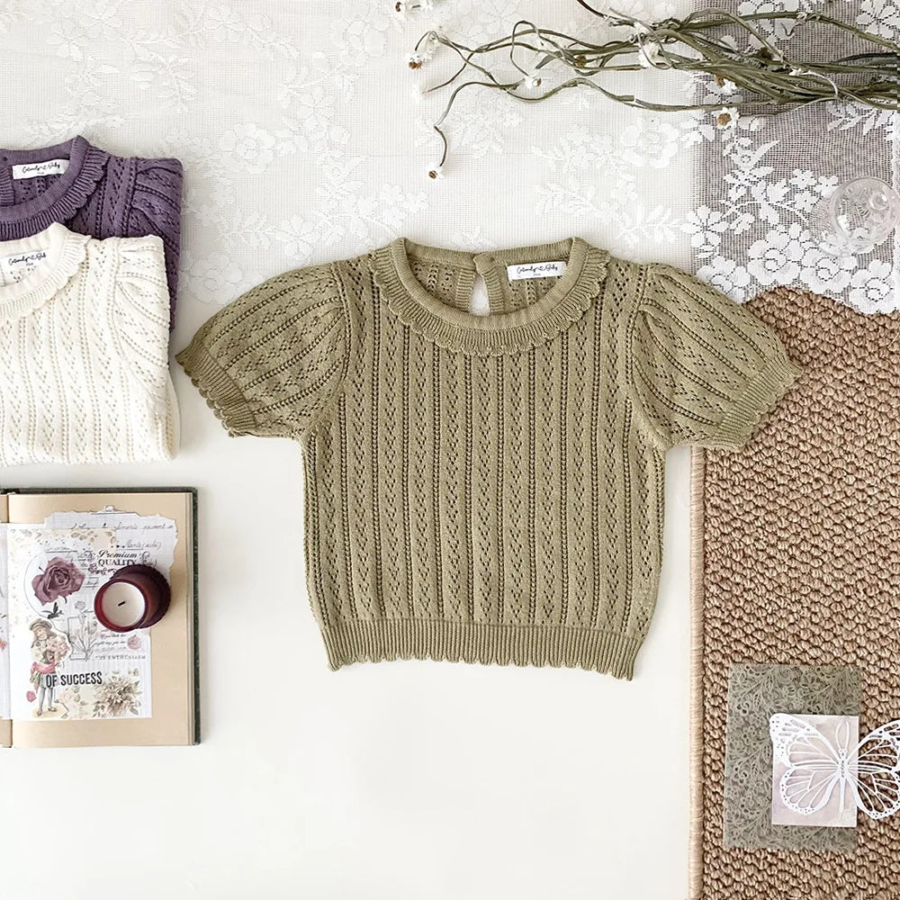 -ベビーキッズトップス レースニット フリル襟 半袖サマーセーター 3カラー - mamahalo shop - 半袖Tシャツ -  べビー服 - 子供服 - 男の子 - 女の子