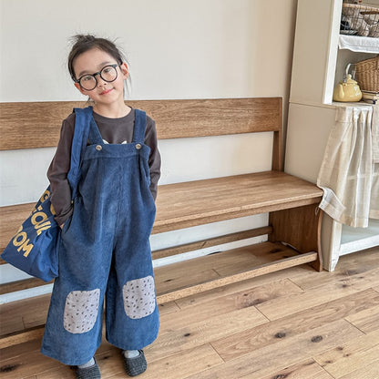 -キッズ コーデュロイ フラワー 膝パッチ サスペンダーパンツ サロペット パンツ ガールズ - mamahalo shop - サロペットパンツ・サスペンダーパンツ -  べビー服 - 子供服 - 男の子 - 女の子