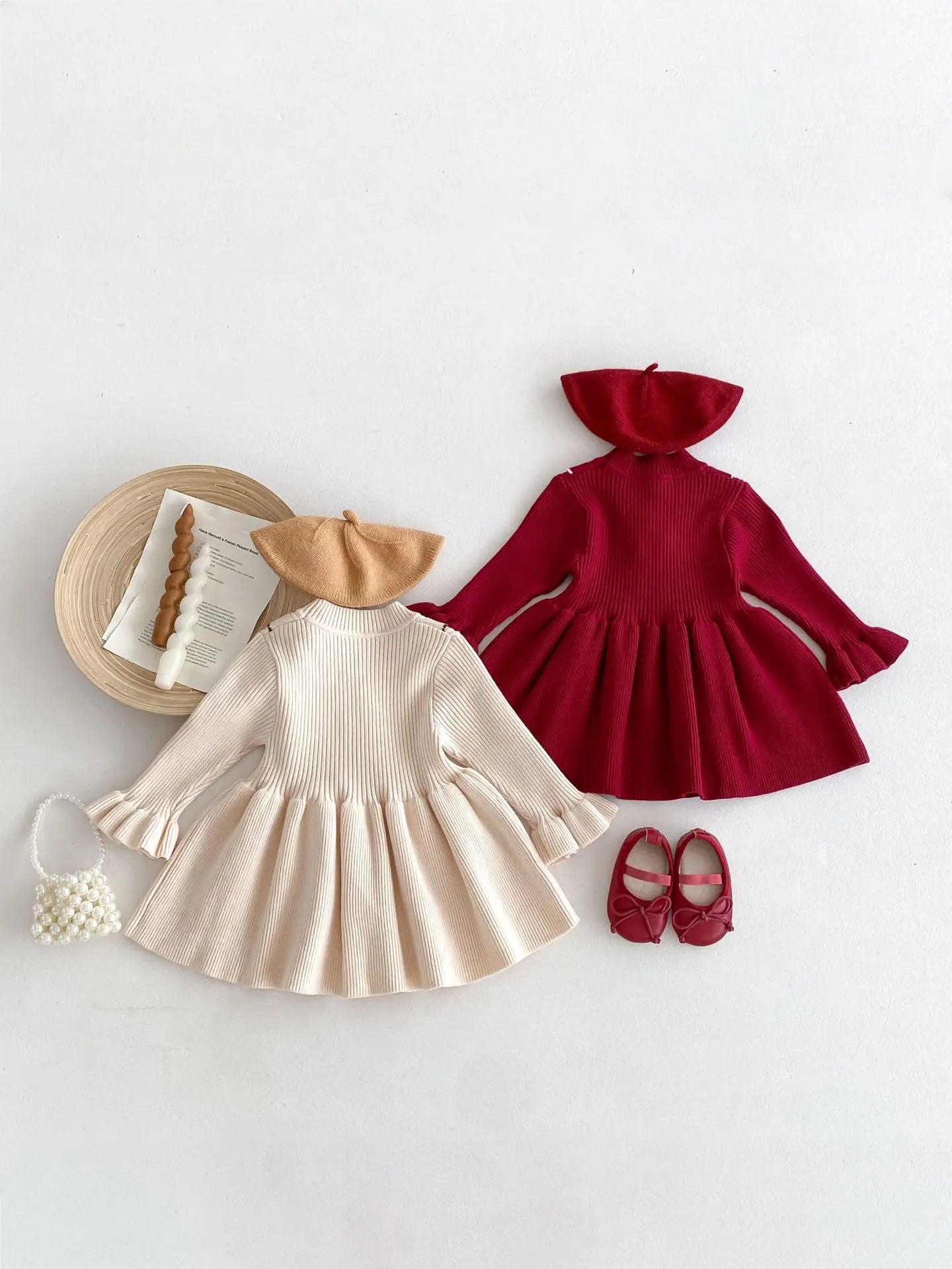 -ベビーキッズ フラワー長袖ベルスリーブニットワンピース 2カラー - mamahalo shop - 長袖ワンピース -  べビー服 - 子供服 - 男の子 - 女の子