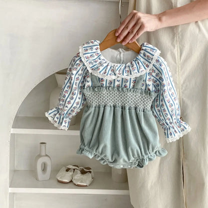 -ベビーロンパース フラワープリントブラウスドッキングサスペンダーボディスーツ - mamahalo shop - 長袖ロンパース -  べビー服 - 子供服 - 男の子 - 女の子