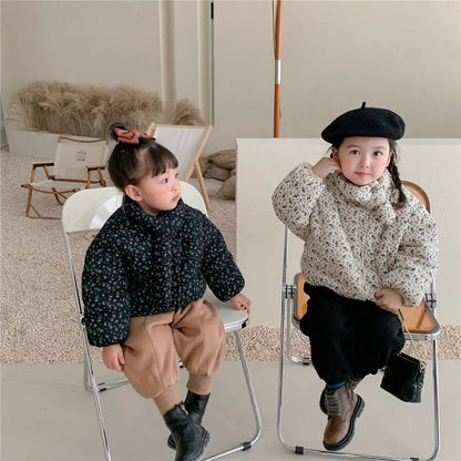 -キッズアウター コート フラワー 花柄プリント マフラードッキングジャケット 裏ボア ブルー ベージュ 2カラー ガールズ 女の子 子供服 - mamahalo shop - ショートコート・ジャケット・ジャンパー -  べビー服 - 子供服 - 男の子 - 女の子