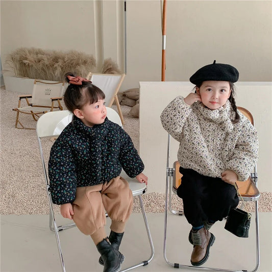 -キッズアウター コート フラワー 花柄プリント マフラードッキングジャケット 裏ボア ブルー ベージュ 2カラー ガールズ 女の子 子供服 - mamahalo shop - ショートコート・ジャケット・ジャンパー -  べビー服 - 子供服 - 男の子 - 女の子