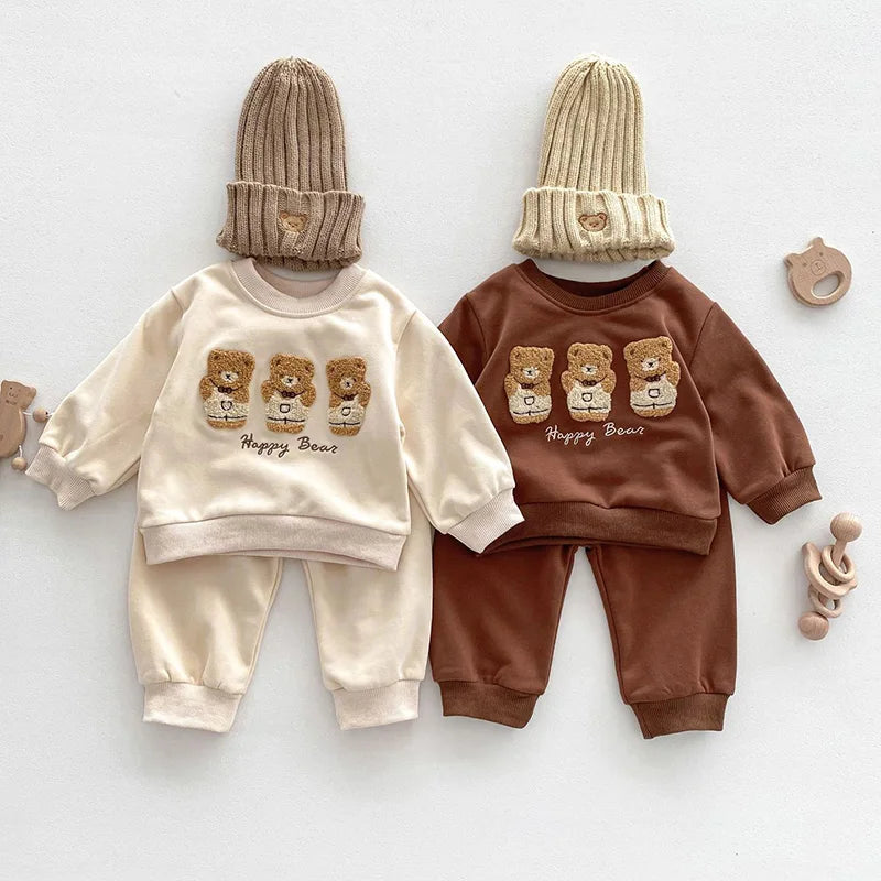 -ベビーセットアップ 2点セット スウェットトレーナー スウェットパンツ ベアくま刺繍  ベージュ/ブラウン/2カラー - mamahalo shop - 長袖セットアップ -  べビー服 - 子供服 - 男の子 - 女の子