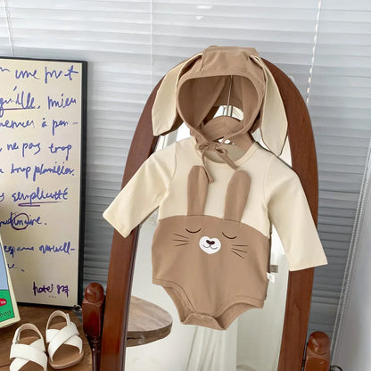 -ベビー うさぎ うさ耳 バニー ドッキング 半袖 ロンパース 耳帽子 セット ピンク アプリコット ユニセックス【mh0001994】 - mamahalo shop - 半袖ロンパース -  べビー服 - 子供服 - 男の子 - 女の子