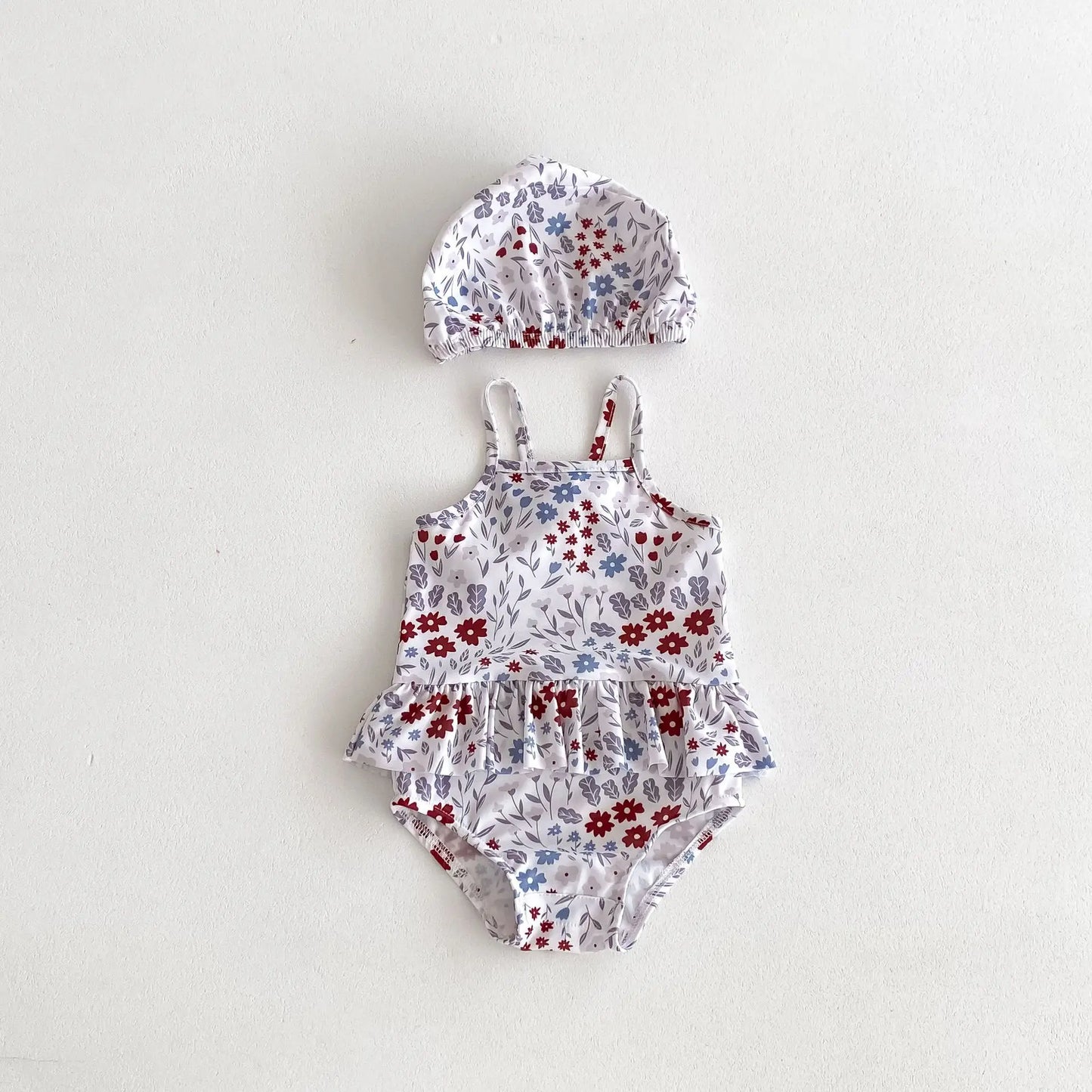 -ベビー水着 キャミソールペプラムワンピース 帽子セット スイムウェア ラッシュガード  フラワー花柄プリント【mh0005110】 - mamahalo shop - ベビー用水着 -  べビー服 - 子供服 - 男の子 - 女の子