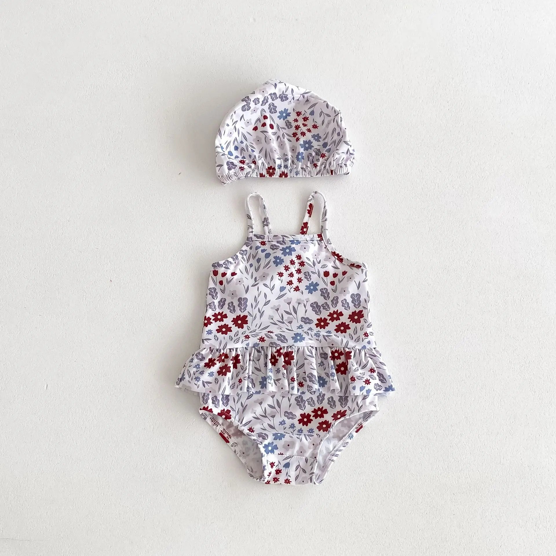 -ベビー水着 キャミソールペプラムワンピース 帽子セット スイムウェア ラッシュガード  フラワー花柄プリント【mh0005110】 - mamahalo shop - ベビー用水着 -  べビー服 - 子供服 - 男の子 - 女の子