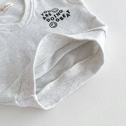 -キッズセットアップ 2点セット Vネックベストトップス+スウェットパンツ スマイルレターロゴプリント 2カラー - mamahalo shop - ノースリーブセットアップ -  べビー服 - 子供服 - 男の子 - 女の子