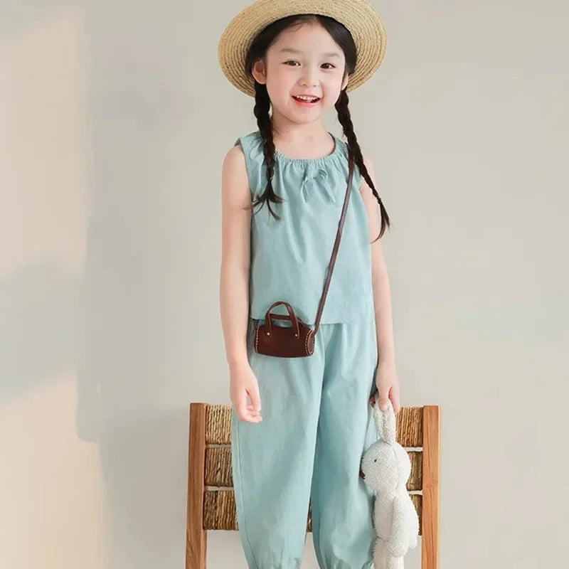 -キッズセットアップ 2点セット ノースリーブブラウス+ルーズクロップドパンツ 3カラー【mh0006117】 - mamahalo shop - ノースリーブセットアップ -  べビー服 - 子供服 - 男の子 - 女の子