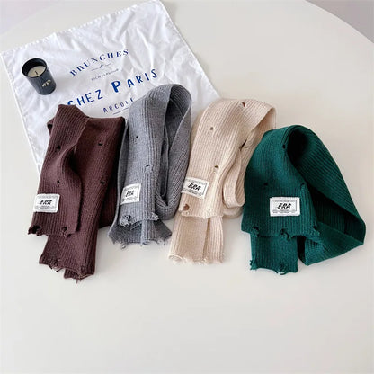 -キッズマフラー ネックウォーマー ニットスカーフ 無地 ダメージ加工 - mamahalo shop - ネックウォーマー -  べビー服 - 子供服 - 男の子 - 女の子