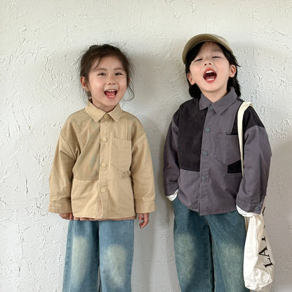 -キッズトップス パッチワーク長袖オーバーシャツ 2カラー【mh0007052】 - mamahalo shop - 長袖シャツ・ブラウス -  べビー服 - 子供服 - 男の子 - 女の子