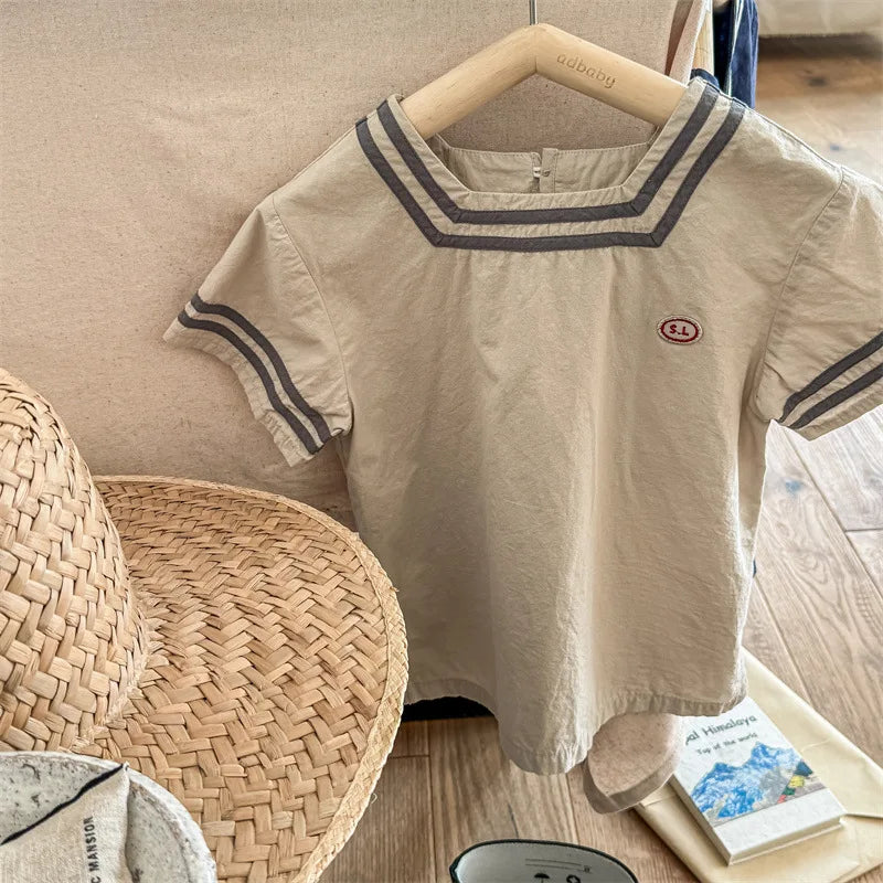 -キッズワンピース 半袖スクエアネックミニワンピース マリンスタイル 2カラー【mh0005444】 - mamahalo shop - 半袖ワンピース -  べビー服 - 子供服 - 男の子 - 女の子