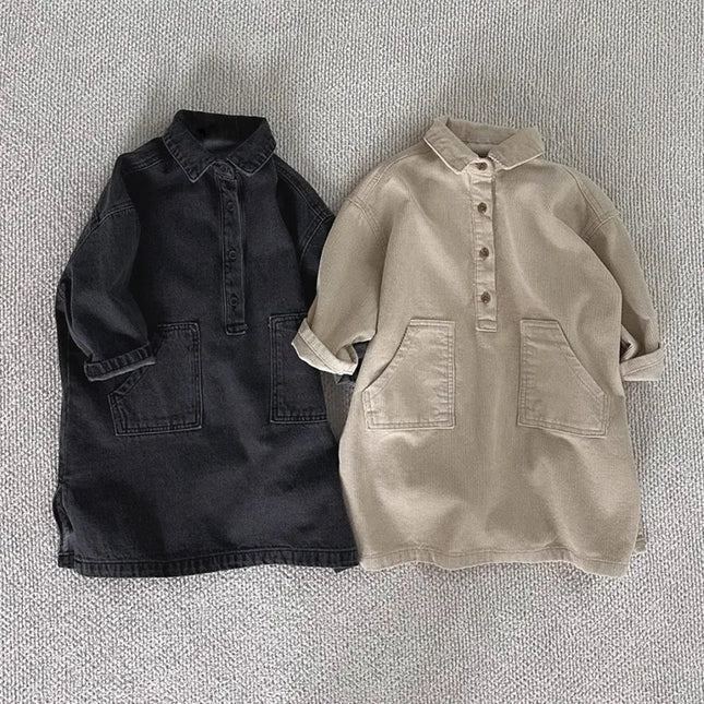 キッズワンピース コーデュロイ長袖シャツワンピース - mamahalo shop - 長袖ワンピース -  べビー服 - 子供服 - 男の子 - 女の子