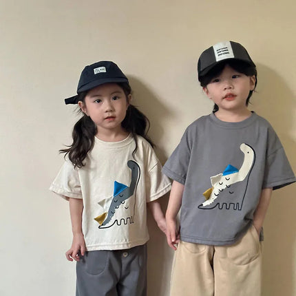 ☺︎ キッズトップス 半袖Tシャツ ダイナソー恐竜アップリケ 2カラー - mamahalo shop - 半袖Tシャツ -  べビー服 - 子供服 - 男の子 - 女の子